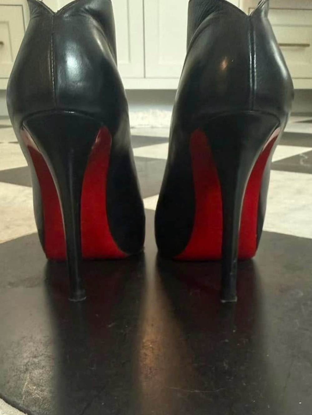 Christian Louboutin Black Leather Peep-Toe Ankle Booties with Red Toe - Picture 2 of 2